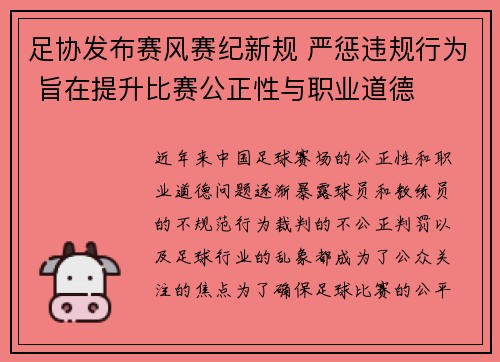 足协发布赛风赛纪新规 严惩违规行为 旨在提升比赛公正性与职业道德