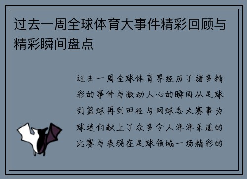 过去一周全球体育大事件精彩回顾与精彩瞬间盘点