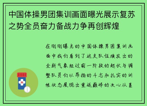 中国体操男团集训画面曝光展示复苏之势全员奋力备战力争再创辉煌